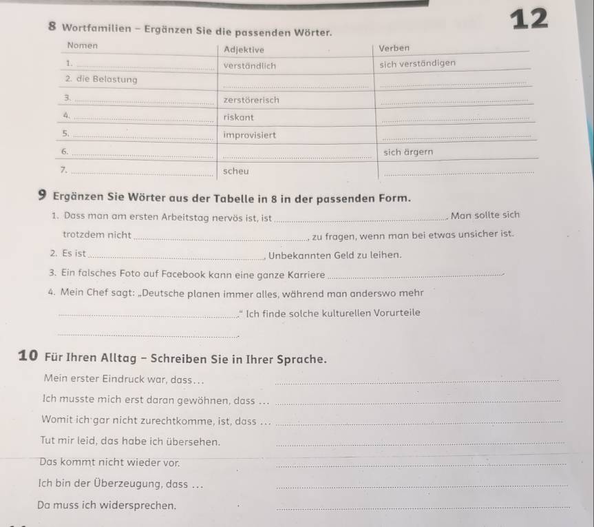 Wortfamilien - Ergänzen Sie die passenden Wörter. 
12 
9 Ergänzen Sie Wörter aus der Tabelle in 8 in der passenden Form. 
1. Dass man am ersten Arbeitstag nervös ist, ist _Man sollte sich 
trotzdem nicht_ 
zu fragen, wenn man bei etwas unsicher ist. 
2. Es ist _, Unbekannten Geld zu leihen. 
3. Ein falsches Foto auf Facebook kann eine ganze Karriere_ 
4. Mein Chef sagt: „Deutsche planen immer alles, während man anderswo mehr 
_" Ich finde solche kulturellen Vorurteile 
_ 
10 Für Ihren Alltag - Schreiben Sie in Ihrer Sprache. 
Mein erster Eindruck war, dass…._ 
Ich musste mich erst daran gewöhnen, dass ..._ 
Womit ich gar nicht zurechtkomme, ist, dass ..._ 
Tut mir leid, das habe ich übersehen._ 
_ 
Das kommt nicht wieder vor._ 
Ich bin der Überzeugung, dass ..._ 
Da muss ich widersprechen._