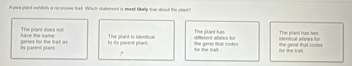Solved: A pea plant exhibits a recessive trait. Which statement is most ...
