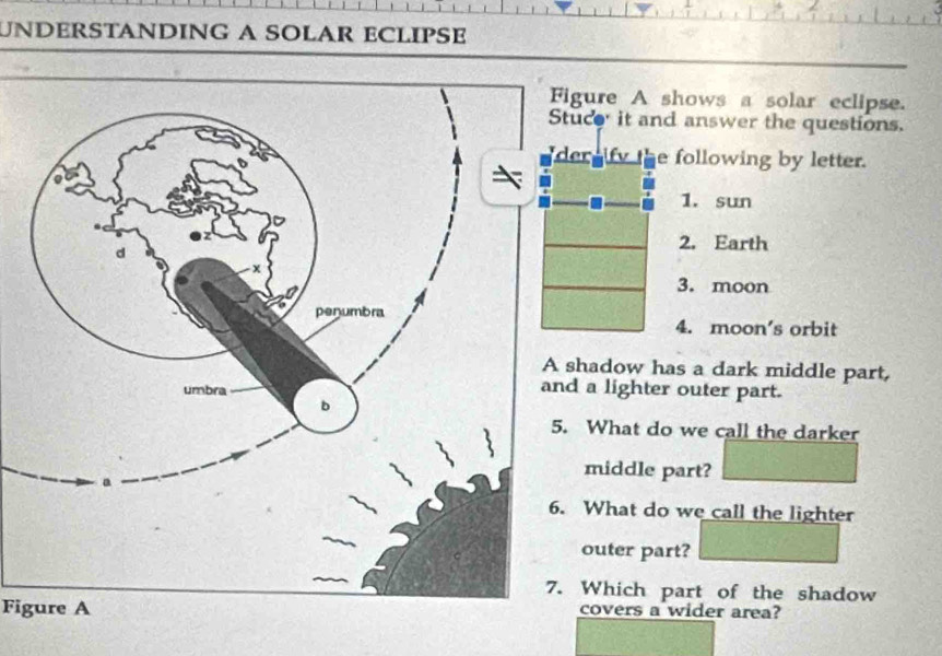 UNDERSTANDING A SOLAR ECLIPSE 
gure A shows a solar eclipse. 
uce it and answer the questions. 
r lfv a e following by letter. 
1. sun 
2. Earth 
3. moon 
4. moon's orbit 
hadow has a dark middle part, 
a lighter outer part. 
What do we call the darker 
middle part? 
What do we call the lighter 
outer part? 
Which part of the shadow 
Figure Acovers a wider area?