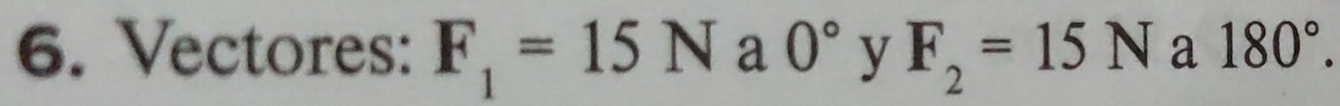 Vectores: F_1=15N a 0° y F_2=15N a 180°.