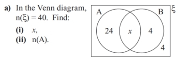 In the Venn diagram,
n(xi )=40. Find: 
(i) x, 
(ii) n(A).