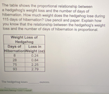 The table shows the proportional relationship between 
a hedgehog's weight loss and the number of days of 
hibernation. How much weight does the hedgehog lose during
115 days of hibernation? Use pencil and paper. Explain how 
you know that the relationship between the hedgehog's weight 
loss and the number of days of hibernation is proportional. 
The hedgehog loses_ ounces. 
4.som/taking/133071/take= Tn t o anci