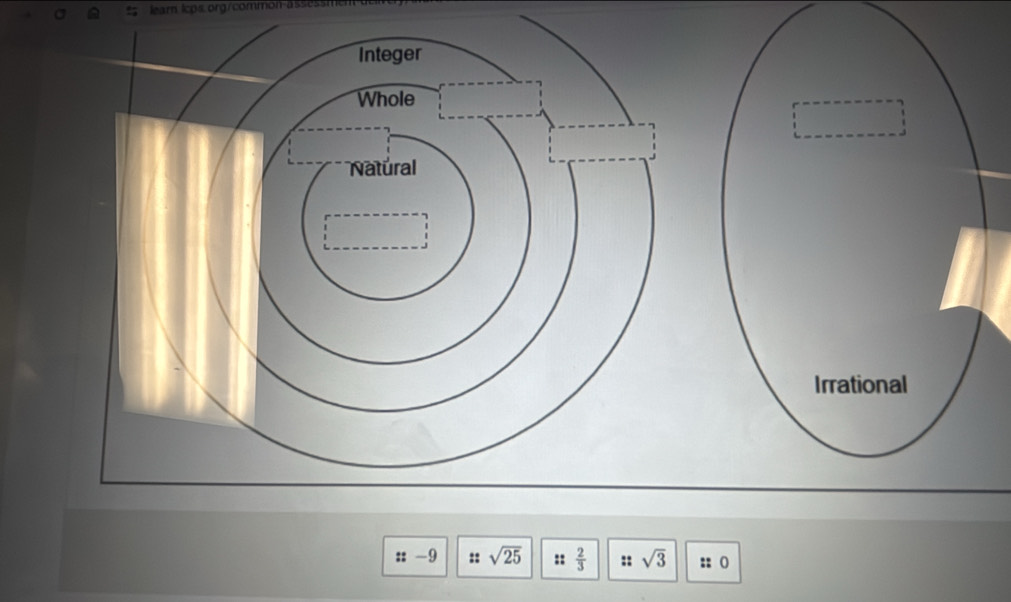 a lear.lcps.org/common-assess 
e:_ ( :: sqrt(25) ::  2/3  :: sqrt(3) :: ()