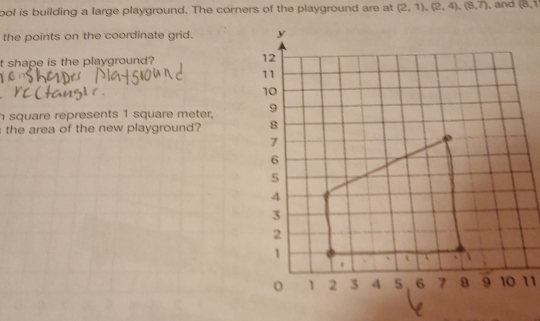 ool is building a large playground. The corners of the playground are at (2,1), (2,4), (8,7) ,and (8,1
the points on the coordinate grid. 
t shape is the playground? 
h square represents 1 square meter, 
the area of the new playground?