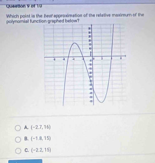 Queaton 9 of 10
Which point is the best approximation of the relative maximum of the
polynomial function graphed below?
A. (-2.7,16)
B. (-1.8,15)
C. (-2.2,15)