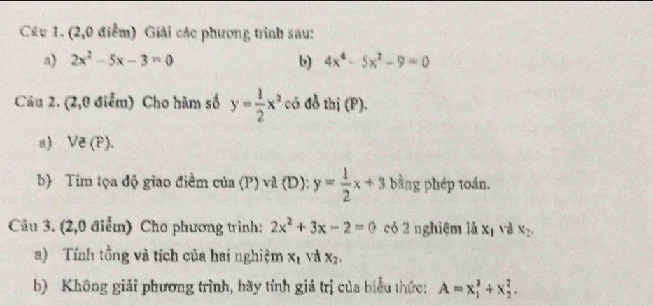 (2,0 điểm) Giải các phương trình sau: 
a) 2x^2-5x-3=0 b) 4x^4-5x^2-9=0
Câu 2. (2,0 điểm) Cho hàm số y= 1/2 x^2 có đỗ thị (P). 
a) Ve(P)
b) Tim tọa độ giao điểm của (P) và (D): y= 1/2 x+3 bằng phép toán. 
Câu 3. (2,0 điểm) Cho phương trình: 2x^2+3x-2=0 có 2 nghiệm là x_1 và x_2. 
a) Tính tổng và tích của hai nghiệm x_1 và x_2. 
b) Không giải phương trình, hãy tính giá trị của biểu thức: A=x_1^2+x_2^2.