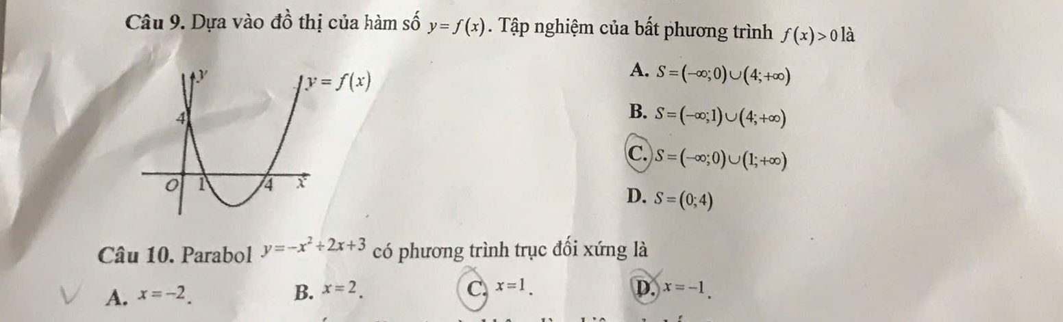 Dựa vào đồ thị của hàm số y=f(x) Tập nghiệm của bất phương trình f(x)>0ldot a
A. S=(-∈fty ;0)∪ (4;+∈fty )
B. S=(-∈fty ;1)∪ (4;+∈fty )
C. S=(-∈fty ;0)∪ (1;+∈fty )
D. S=(0;4)
Câu 10. Parabol y=-x^2+2x+3 có phương trình trục đối xứng là
D.
A. x=-2. B. x=2. C x=1. x=-1.