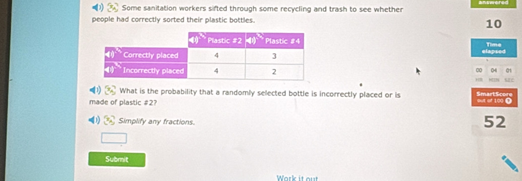 answered
Some sanitation workers sifted through some recycling and trash to see whether
people had correctly sorted their plastic bottles.
10
Time
elapsed
04 01
What is the probability that a randomly selected bottle is incorrectly placed or is SmartScore
made of plastic #2?
out of 100 Ω
Simplify any fractions.
52
□ 
Submit
Work it out