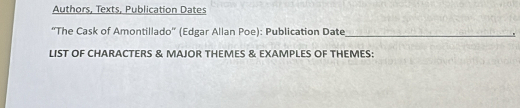 Authors, Texts, Publication Dates 
“The Cask of Amontillado” (Edgar Allan Poe): Publication Date_ 
LIST OF CHARACTERS & MAJOR THEMES & EXAMPLES OF THEMES: