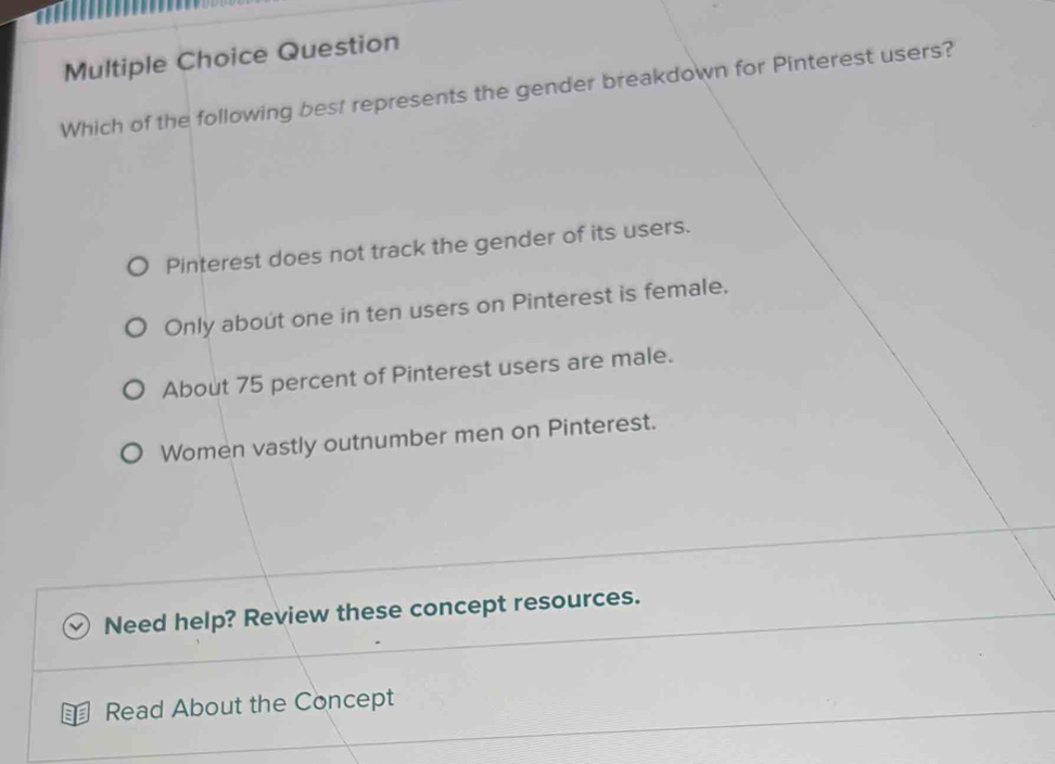 Solved: Question Which of the following best represents the gender ...