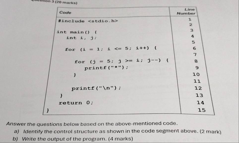 stion 3 (20 marks)
Answer th
a) Identify the control structure as shown in the code segment above. (2 mark)
b) Write the output of the program. (4 marks)