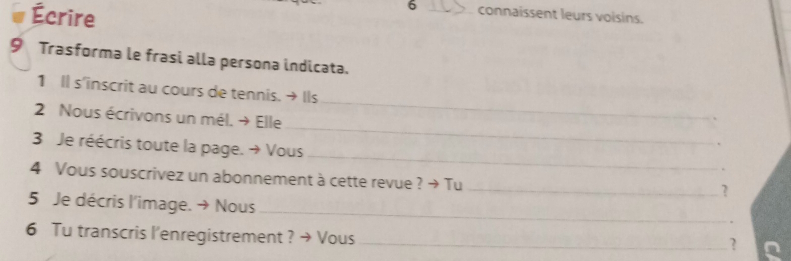 Écrire 
6 _connaissent leurs voisins. 
9 Trasforma le frasi alla persona indicata. 
_ 
1 Il s'inscrit au cours de tennis. → Ils 
_ 
2 Nous écrivons un mél. → Elle 
_ 
3 Je réécris toute la page. → Vous 
4 Vous souscrivez un abonnement à cette revue ? → Tu_ 
1 
_ 
5 Je décris l'image. → Nous 
. 
6 Tu transcris l'enregistrement ? → Vous_ 
2