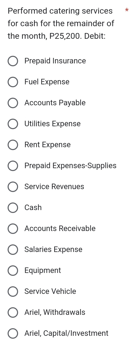 Performed catering services * 
for cash for the remainder of 
the month, P25,200. Debit: 
Prepaid Insurance 
Fuel Expense 
Accounts Payable 
Utilities Expense 
Rent Expense 
Prepaid Expenses-Supplies 
Service Revenues 
Cash 
Accounts Receivable 
Salaries Expense 
Equipment 
Service Vehicle 
Ariel, Withdrawals 
Ariel, Capital/Investment