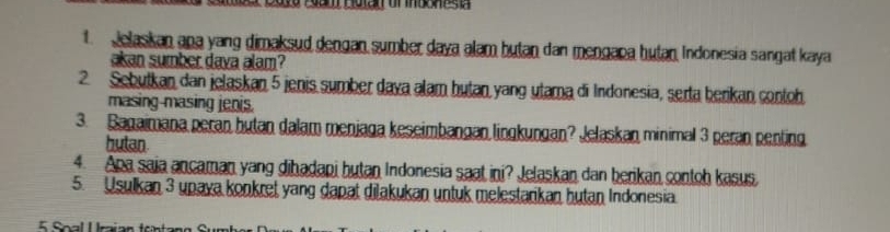 Jelaskan ana yang dimaksud dengan sumber daya alam hutan dan mengapa hutan Indonesia sangat kaya 
akan sumber dava alam? 
2 Sebutkan dan jelaskan 5 jenis sumber dava alam hutan yang utama di Indonesia, serta berkan contoh 
masing-masing jenis. 
3. Bagaimana peran hutan dalam menjaga keseimbangan lingkungan? Jelaskan minimal 3 peran penting 
hutan. 
4. Apa saia ancaman yang dihadapi hutan Indonesia saat ini? Jelaskan dan berkan contoh kasus, 
5. Usulkan 3 upaya konkret yang dapat dilakukan untuk melestarikan hutan Indonesia. 
5 Soal Urajan for