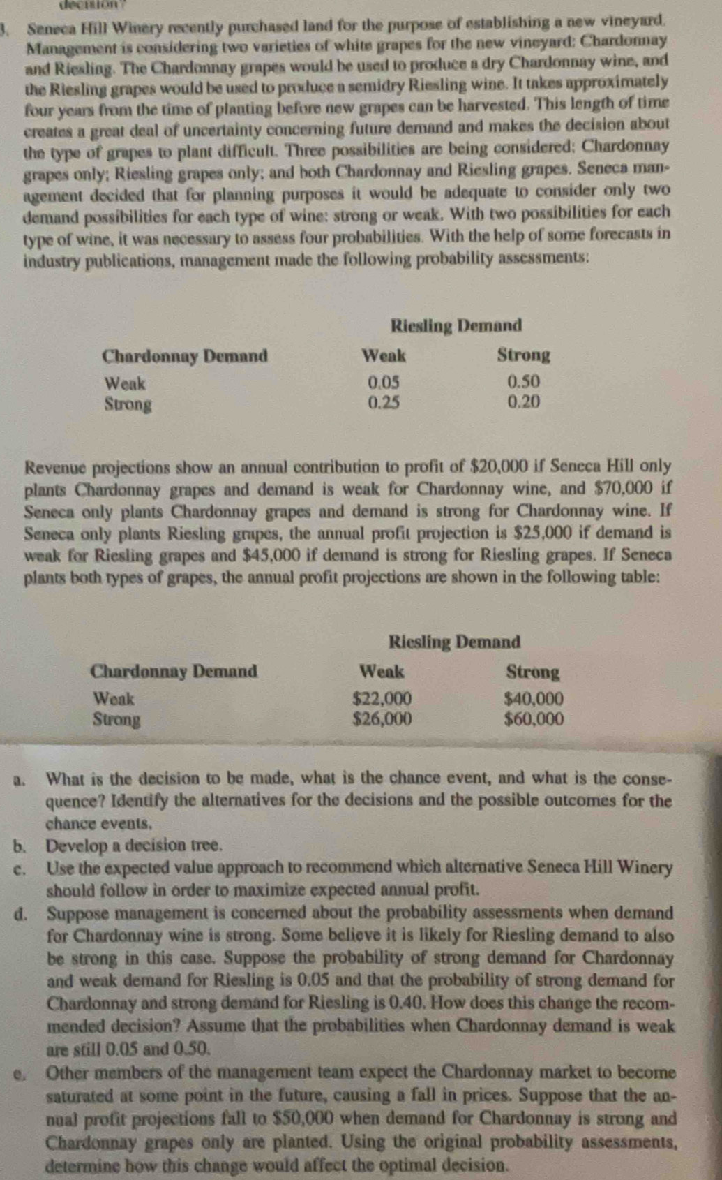 decision 
3. Seneca Hill Winery recently purchased land for the purpose of establishing a new vineyard.
Management is considering two varieties of white grapes for the new vineyard; Chardonnay
and Riesling. The Chardonnay grapes would be used to produce a dry Chardonnay wine, and
the Riesling grapes would be used to produce a semidry Riesling wine. It takes approximately
four years from the time of planting before new grapes can be harvested. This length of time
creates a great deal of uncertainty concerning future demand and makes the decision about
the type of grapes to plant difficult. Three possibilities are being considered: Chardonnay
grapes only; Riesling grapes only; and both Chardonnay and Riesling grapes. Seneca man-
agement decided that for planning purposes it would be adequate to consider only two
demand possibilities for each type of wine: strong or weak. With two possibilities for each
type of wine, it was necessary to assess four probabilities. With the help of some forecasts in
industry publications, management made the following probability assessments:
Riesling Demand
Chardonnay Demand Weak Strong
Weak 0.05 0.50
Strong 0.25 0.20
Revenue projections show an annual contribution to profit of $20,000 if Seneca Hill only
plants Chardonnay grapes and demand is weak for Chardonnay wine, and $70,000 if
Seneca only plants Chardonnay grapes and demand is strong for Chardonnay wine. If
Seneca only plants Riesling grapes, the annual profit projection is $25,000 if demand is
weak for Riesling grapes and $45,000 if demand is strong for Riesling grapes. If Seneca
plants both types of grapes, the annual profit projections are shown in the following table:
Ricsling Demand
Chardonnay Demand Weak Strong
Weak $22,000 $40,000
Strong $26,000 $60,000
a. What is the decision to be made, what is the chance event, and what is the conse-
quence? Identify the alternatives for the decisions and the possible outcomes for the
chance events.
b. Develop a decision tree.
c. Use the expected value approach to recommend which alternative Seneca Hill Winery
should follow in order to maximize expected annual profit.
d. Suppose management is concerned about the probability assessments when demand
for Chardonnay wine is strong. Some believe it is likely for Riesling demand to also
be strong in this case. Suppose the probability of strong demand for Chardonnay
and weak demand for Riesling is 0.05 and that the probability of strong demand for
Chardonnay and strong demand for Riesling is 0.40. How does this change the recom-
mended decision? Assume that the probabilities when Chardonnay demand is weak
are still 0.05 and 0.50.
e. Other members of the management team expect the Chardonnay market to become
saturated at some point in the future, causing a fall in prices. Suppose that the an-
nual profit projections fall to $50,000 when demand for Chardonnay is strong and
Chardonnay grapes only are planted. Using the original probability assessments,
determine how this change would affect the optimal decision.