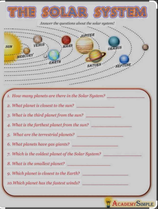 THE SOLAR SYSTEM 
1. How many planets are there in the Solar System?_ 
2. What planet is closest to the sun?_ 
3. What is the third planet from the sun?_ 
4. What is the farthest planet from the sun?_ 
5. What are the terrestrial planets?_ 
6. What planets have gas giants?_ 
7. Which is the coldest planet of the Solar System?_ 
8. What is the smallest planet?_ 
9. Which planet is closest to the Earth?_ 
10.Which planet has the fastest winds?_ 
# A cademySimple