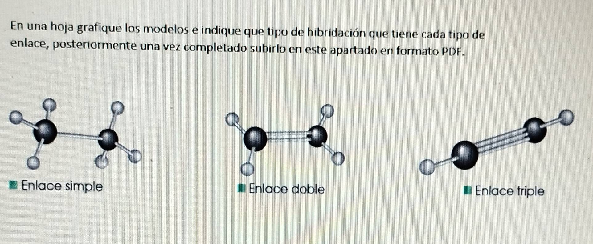 En una hoja grafique los modelos e indique que tipo de hibridación que tiene cada tipo de
enlace, posteriormente una vez completado subirlo en este apartado en formato PDF.
Enlace simple Enlace doble Enlace triple