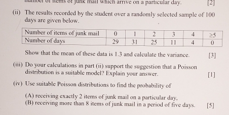 humber of lems of junk mail which arrive on a particular day. [2] 
(ii) The results recorded by the student over a randomly selected sample of 100
days are given below. 
Show that the mean of these data is 1.3 and calculate the variance. [3] 
(iii) Do your calculations in part (ii) support the suggestion that a Poisson 
distribution is a suitable model? Explain your answer. [1] 
(iv) Use suitable Poisson distributions to find the probability of 
(A) receiving exactly 2 items of junk mail on a particular day, 
(B) receiving more than 8 items of junk mail in a period of five days. [5]