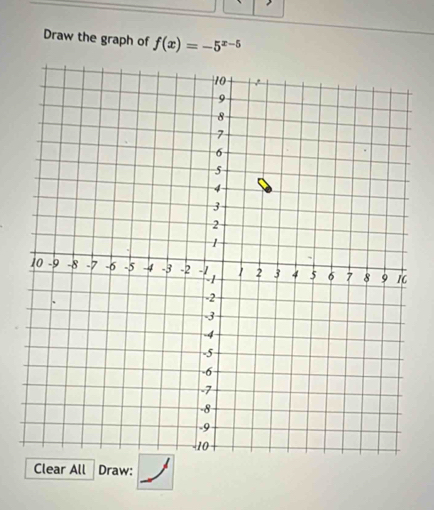 Draw the graph of f(x)=-5^(x-5)
Clear All Draw: