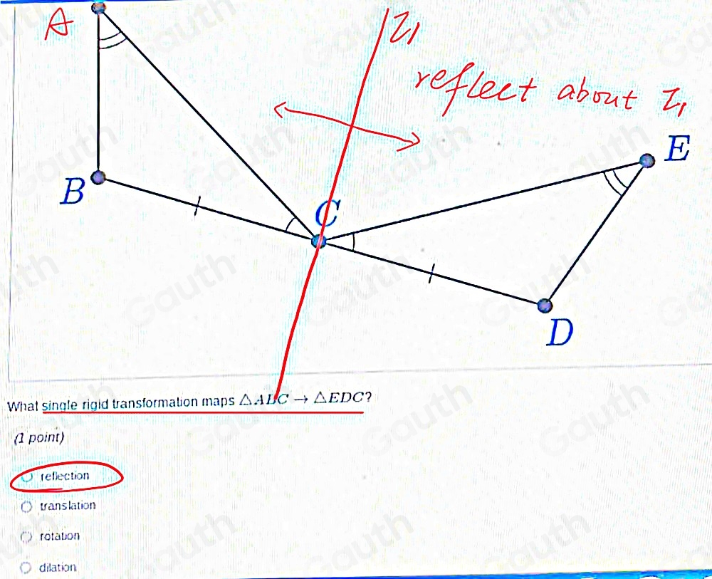 Solved: What single rigid transformation maps ABC _ EDC ? (1 point ...