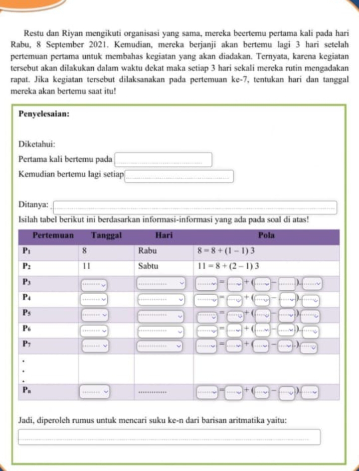 Restu dan Riyan mengikuti organisasi yang sama, mereka beertemu pertama kali pada hari
Rabu, 8 September 2021. Kemudian, mereka berjanji akan bertemu lagi 3 hari setelah
pertemuan pertama untuk membahas kegiatan yang akan diadakan. Ternyata, karena kegiatan
tersebut akan dilakukan dalam waktu dekat maka setiap 3 hari sekali mereka rutin mengadakan
rapat. Jika kegiatan tersebut dilaksanakan pada pertemuan ke-7, tentukan hari dan tanggal
mereka akan bertemu saat itu!
Penyelesaian:
Diketahui:
Pertama kali bertemu pada □
Kemudian bertemu lagi setiap _ 
Ditanya: 0...
Isilah tabel berikut ini berdasarkan informasi-informasi yang ada pada soal di atas!
Jadi, diperoleh rumus untuk mencari suku ke-n dari barisan aritmatika yaitu: