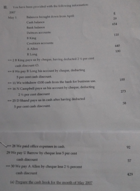 You have been provided with the following information
2007
May 1 Balances brought down from April:
29
Cash balance 654
Bank balance
Debtors accounts: 120
B King
Creditors accounts:
A Allen 440
100
R Long
== 2 B King pays us by cheque, having deducted 2 ½ per cent
cash discount £3.
== 8 We pay R Long his account by cheque, deducting
5 per cent cash discount.
== 11 We withdrew £100 cash from the bank for business use. 100
16 N Campbell pays us his account by cheque, deducting
273
2 ½ per cent discount
== 25 D Shand pays us in cash after having deducted
38
5 per cent cash discount.
== 28 We paid office expenses in cash. 92
29 We pay U Barrow by cheque less 5 per cent
cash discount 57
== 30 We pay A Allen by cheque less 2 ½ percent
cash discount 429
(a) Prepare the cash book for the month of May 2007