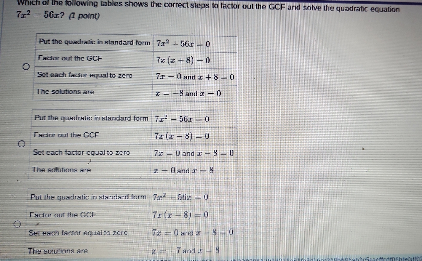 Which of the following tables shows the correct steps to factor out the GCF and solve the quadratic equation
7x^2=56x ? (1 point)
Put the quadratic in standard form 7x^2-56x=0
Factor out the GCF
7x(x-8)=0
Set each factor equal to zero 7x=0 and x-8=0
x=-7
The solutions are and x=8
c368b686ab2c5eacffcdf06bfe0df02