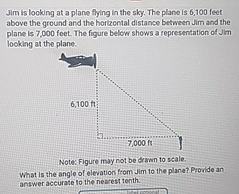 Jim is looking at a plane flying in the sky. The plane is 6,100 feet
above the ground and the horizontal distance between Jim and the 
plane is 7,000 feet. The figure below shows a representation of Jim 
looking at the plane. 
Note: Figure may not be drawn to scale. 
What is the angle of elevation from Jim to the plane? Provide an 
answer accurate to the nearest tenth. 
label ootional