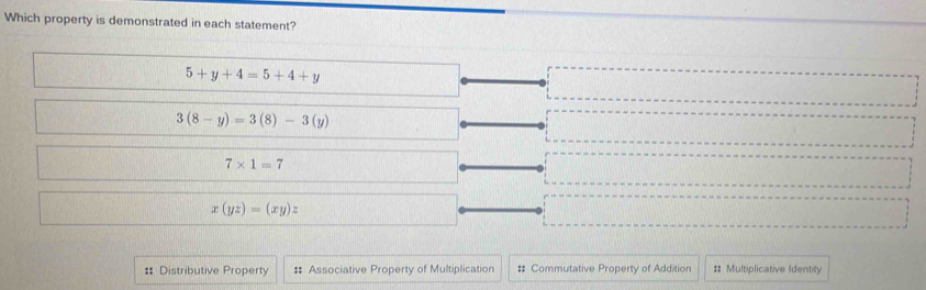 Which property is demonstrated in each statement?
5+y+4=5+4+y
3(8-y)=3(8)-3(y)
7* 1=7
x(yz)=(xy)z
:: Distributive Property #: Associative Property of Multiplication #: Commutative Property of Addition :: Multiplicative Identity