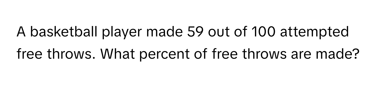 A basketball player made 59 out of 100 attempted free throws. What percent of free throws are made?