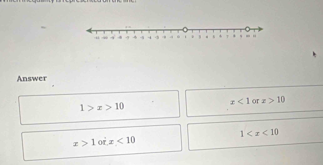 Answer
x<1</tex> or x>10
1>x>10
x>1 or x<10</tex> 1