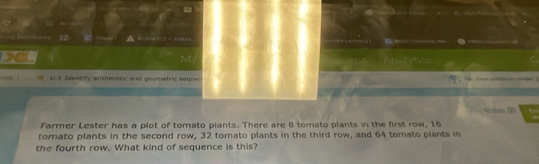 # tme CD → Aoe m = ectos r== c 
t Identify arthmetic and geometric sequen 
iden ④ 
Farmer Lester has a plot of tomato plants. There are 8 tomato plants in the first row, 16
tomato plants in the second row, 32 tomato plants in the third row, and 64 tomato plants in 
the fourth row. What kind of sequence is this?