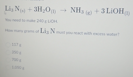 Solved: Li3 N_(s)+3H_2O_(1)to NH_3(g)+3LiOH_(1) You need to make 240 g ...