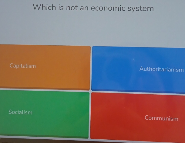 Which is not an economic system
Capitalism Authoritarianism
Socialism Communism