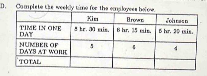 Complete the weekly time for the em