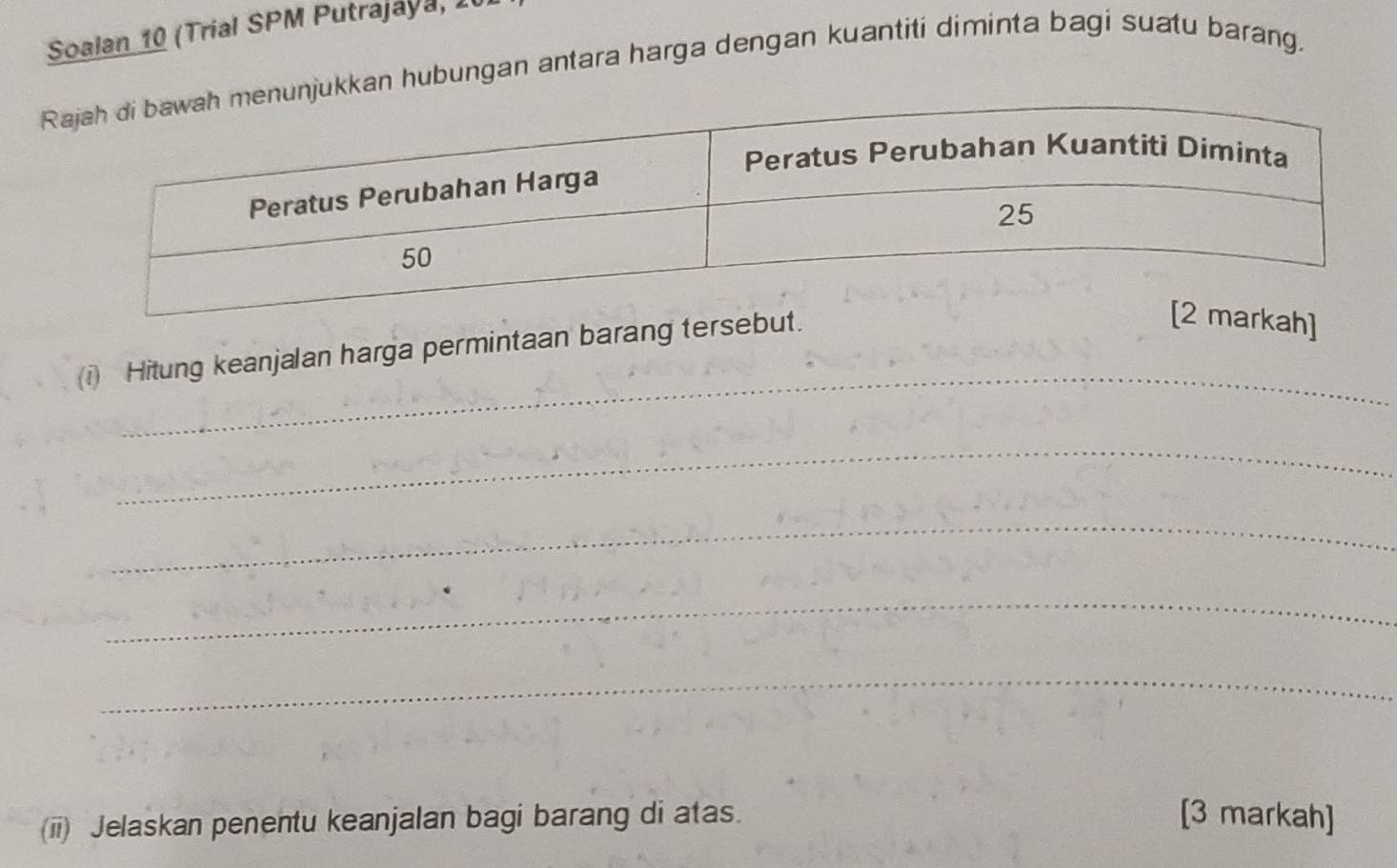 Soalan 10 (Trial SPM Putrajaya, 1 
kkan hubungan antara harga dengan kuantiti diminta bagi suatu barang. 
_ 
(i) Hitung keanjalan harga permintaan barang ters 
_ 
_ 
_ 
_ 
(ii) Jelaskan penentu keanjalan bagi barang di atas. [3 markah]