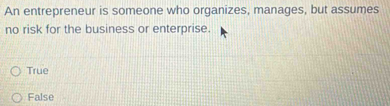 An entrepreneur is someone who organizes, manages, but assumes
no risk for the business or enterprise.
True
False