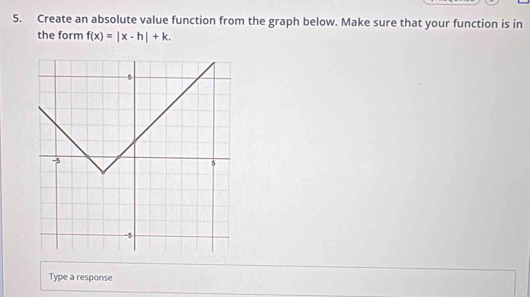 Create an absolute value function from the graph below. Make sure that your function is in 
the form f(x)=|x-h|+k. 
Type a response