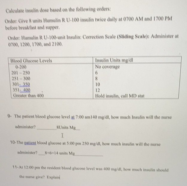 Solved: Calculate insulin dose based on the following orders: Order ...
