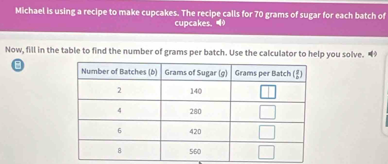 Michael is using a recipe to make cupcakes. The recipe calls for 70 grams of sugar for each batch of
cupcakes. 
Now, fill in the table to find the number of grams per batch. Use the calculator to help you solve. •
a