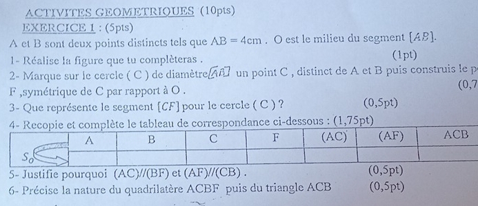 ACTIVITES GEOMETRIQUES (10pts)
EXERCICE 1 : (5pts)
A et B sont deux points distincts tels que AB=4cm. O est le milieu du segment [AB].
1- Réalise la figure que tu complèteras . (1pt)
2- Marque sur le cercle ( C ) de diamètre ABI un point C , distinct de A et B puis construis le p
F ,symétrique de C par rapport à O .
(0,7
3- Que représente le segment [CF] pour le cercle ( C )? (0,5pt)
pondance ci-dessous : (1,75pt)
5- Justifie pourquoi a (AC)//(B F) et (AF)//(CB).
6- Précise la nature du quadrilatère ACBF puis du triangle ACB (0,5pt)