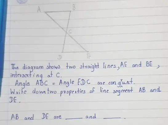 Solved: The diagram shows two straight lines, AE and BE, intersecting ...