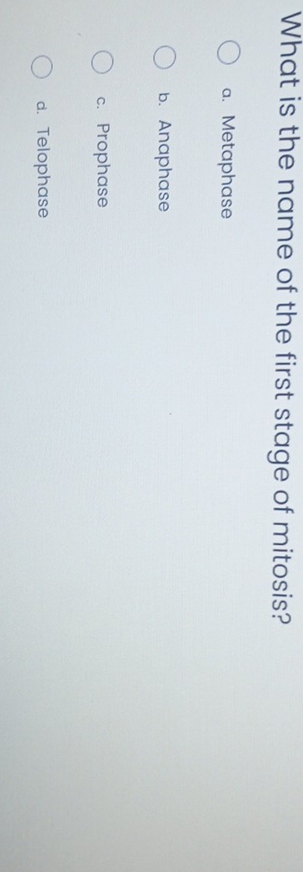 What is the name of the first stage of mitosis?
a. Metaphase
b. Anaphase
c. Prophase
d. Telophase
