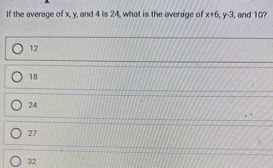 Solved: If the average of x, y, and 4 is 24, what is the average of x+6 ...