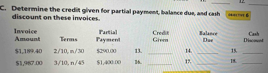 12._ 
C. Determine the credit given for partial payment, balance due, and cash OBJECTIVE 6
discount on these invoices. 
Invoice Partial Credit Balance Cash 
Amount Terms Payment Given Due Discount
$1,189.40 2/10, n/30 $290.00 13. _14. _15._
$1,987.00 3/10, n/45 $1,400.00 16. _17. _18._