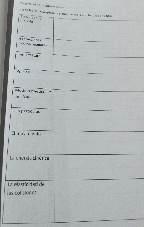 Progresión 3: líquidos y gases 
Actividad 16: C 
L 
la