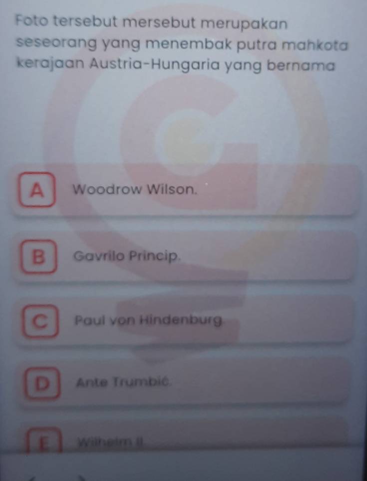 Foto tersebut mersebut merupakan
seseorang yang menembak putra mahkota 
kerajaan Austria-Hungaria yang bernama
A Woodrow Wilson.
B Gavrilo Princip.
C Paul von Hindenburg
D Ante Trumbić
E Wilhelm II.