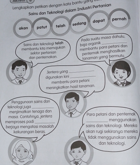 Artom 
Lengkapkan petikan dengan kata bantu yany l 
Sains dan Teknologi dalam Industri Pertanian 
akan patut telah sedang dapat pernah 
Sains dan teknologi telah Pada suatu masa dahulu. 
baja organik 
membantu kita memajukan membantu para petani dan 
sektor pertanian 
dan penternakan. penternak menghasilkan 
tanaman yang bermutu. 
Jentera yang 
_ 
digunakan kini_ 
membantu para petani 
meningkatkan hasil tanaman. 
Penggunaan sains dan 
teknologi juga_ 
menjimatkan tenaga dan 
masa. Contohnya, jentera Para petani dan penternak 
memproses padi_ _menggunakan 
berjaya mengatasi masalah sains dan teknologi. Mereka 
kekurangan beras. akan rugi sekiranya mereka 
tidak menggunakan sains 
dan teknologi.