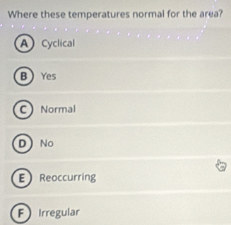 Where these temperatures normal for the area?
A Cyclical
B Yes
C Normal
D No
E Reoccurring
FIrregular