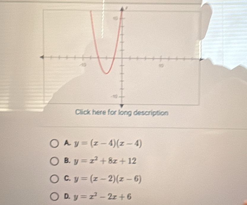 A y=(x-4)(x-4)
B. y=x^2+8x+12
C. y=(x-2)(x-6)
D. y=x^2-2x+6